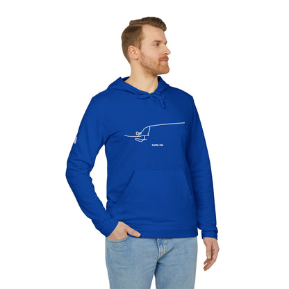 Man wearing a blue hoodie with a custom Strava route print art design on a white background