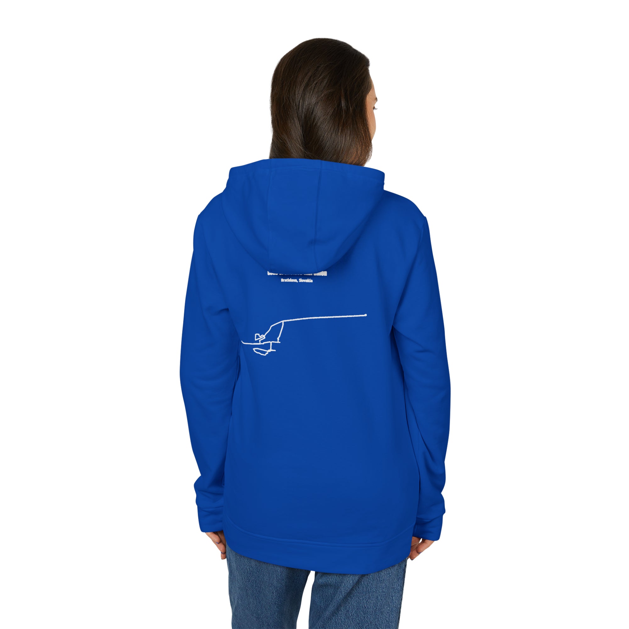 Person wearing a blue hoodie with a white custom Strava route print art on the back, on a white background