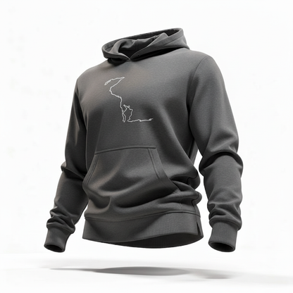 Gray hoodie with custom Strava route print art on a white background