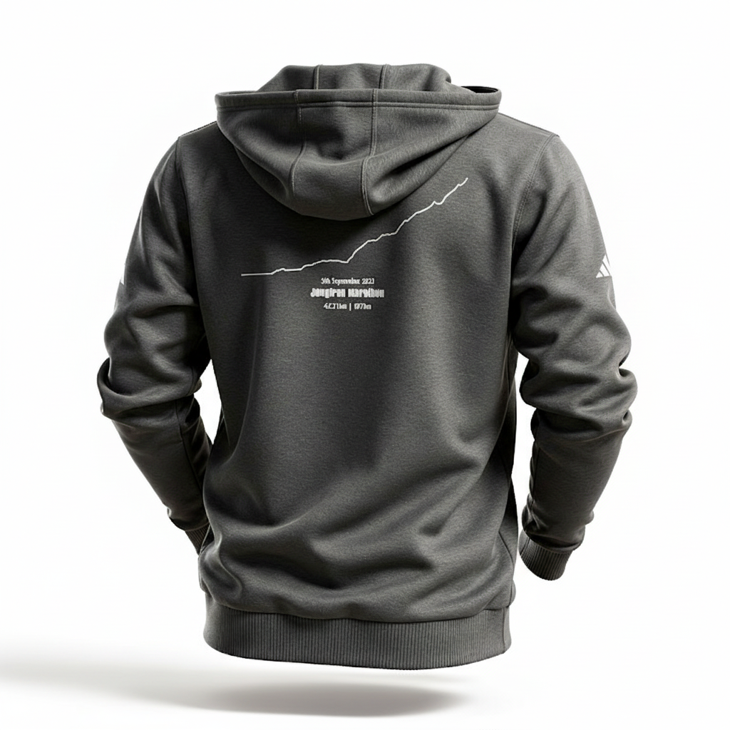 Gray hoodie with custom Strava route print art design on the back on a white background
