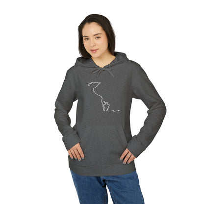 Person wearing a dark gray hoodie with a white custom Strava route print art design on a white background
