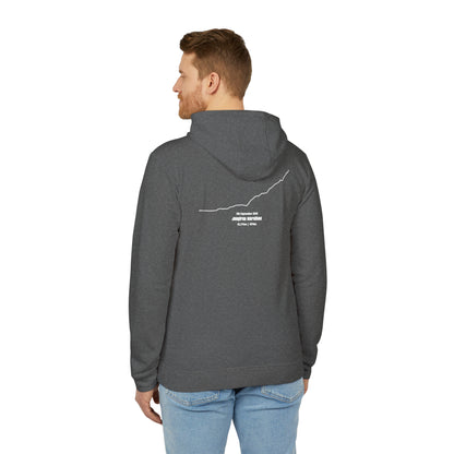 Man wearing a gray hoodie with a white custom Strava route print art on the back, standing against a white background