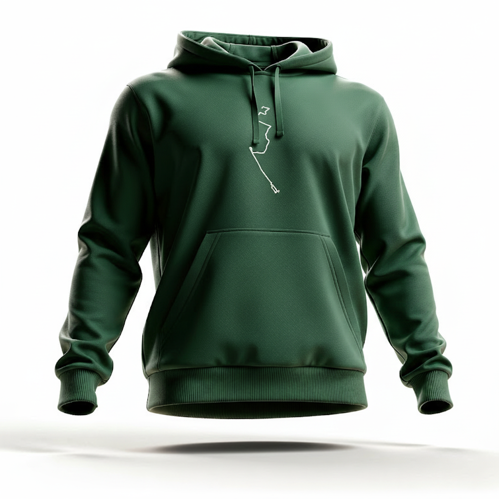 Green hoodie with a white custom Strava route print art on a white background
