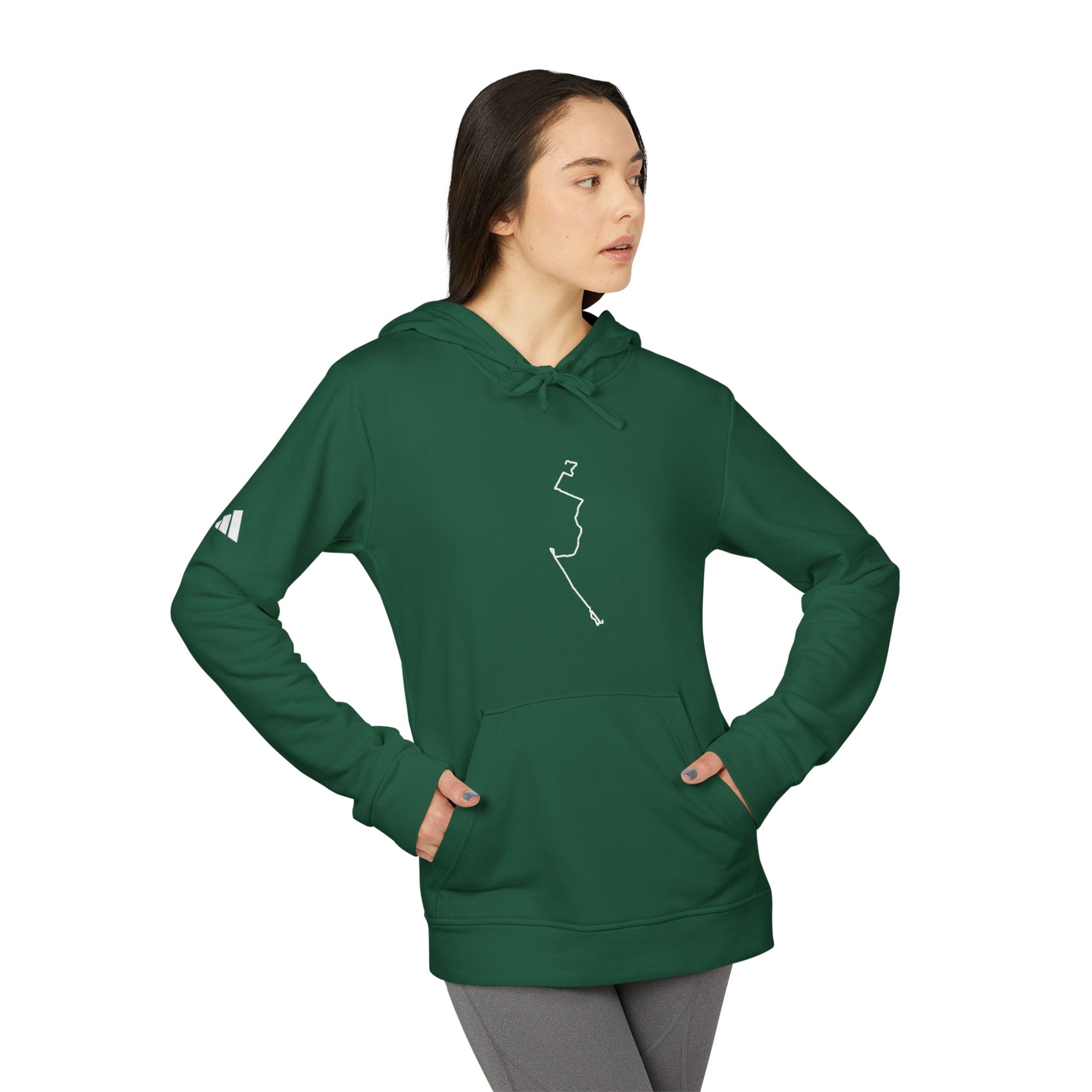 Woman wearing a green hoodie with a custom Strava route print art on a white background