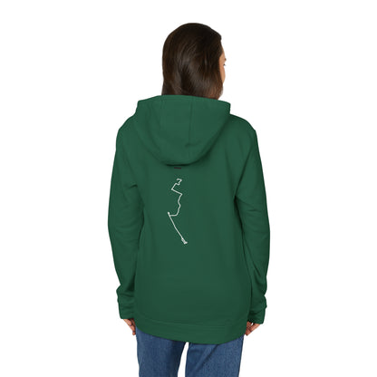 Person wearing a green hoodie with a custom Strava route print art design on the back, standing against a white background