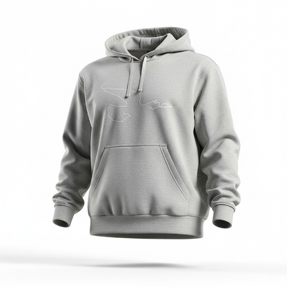 Gray hoodie with a custom Strava route print art design on a white background