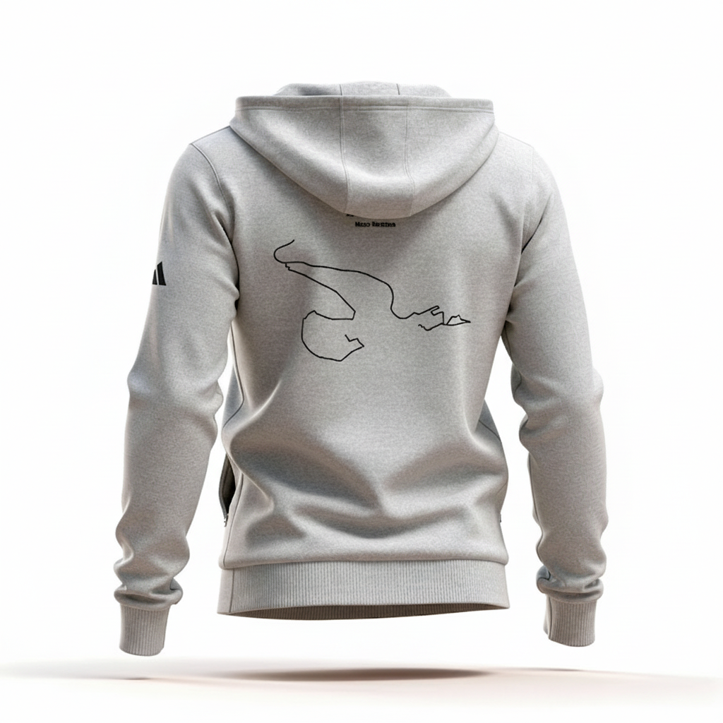 Gray hoodie with custom Strava route print art on the back against a white background