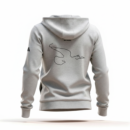 Gray hoodie with custom Strava route print art on the back against a white background