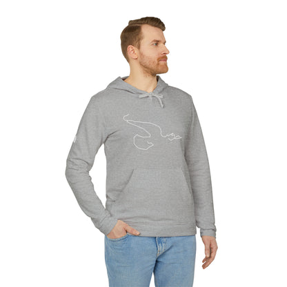 Man wearing a gray hoodie with a white custom Strava route print art on a white background