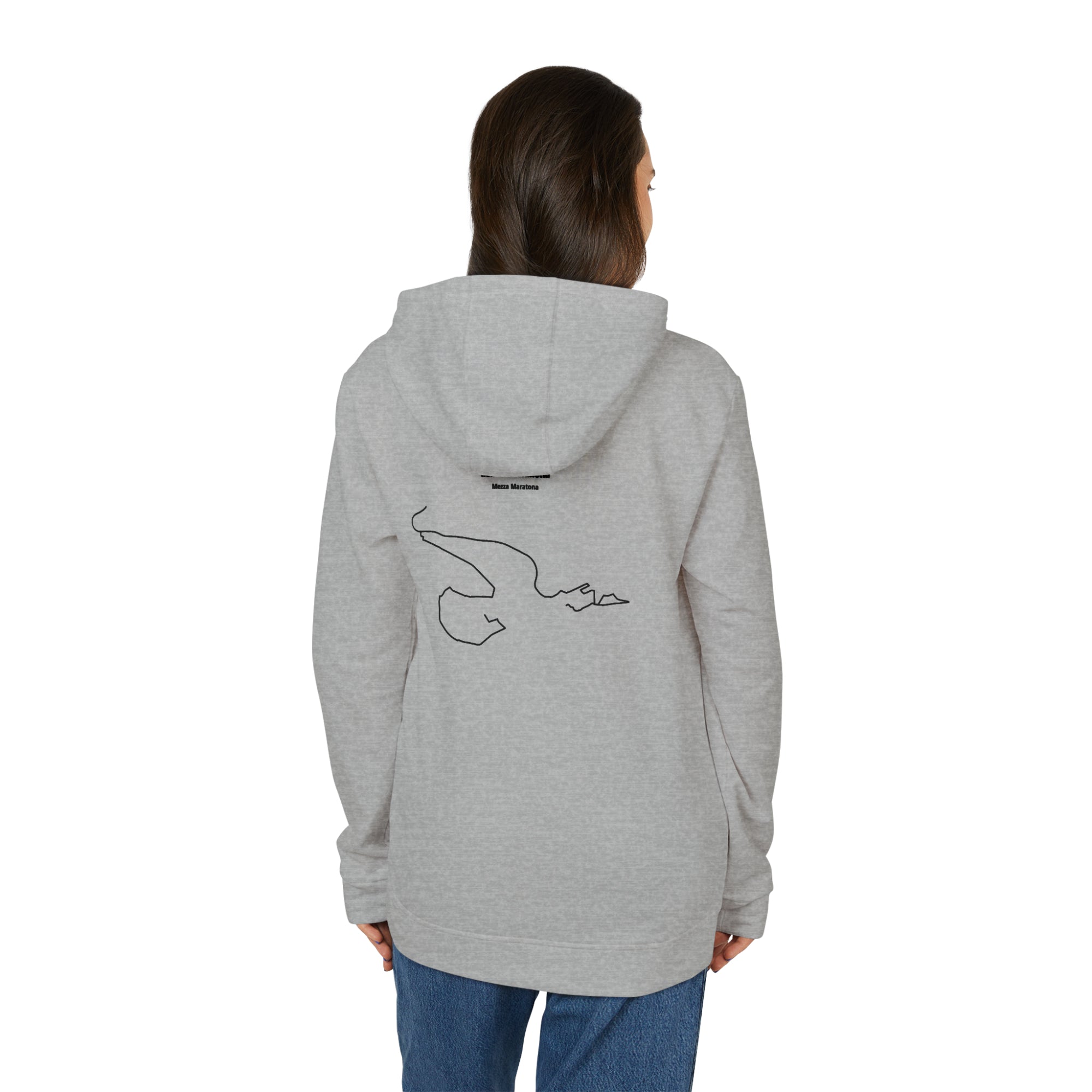 Person wearing a gray hoodie with a custom Strava route print art on the back against a white background