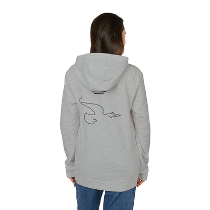 Person wearing a gray hoodie with a custom Strava route print art on the back against a white background