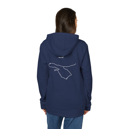 Person wearing a navy blue hoodie with a white custom Strava route print art on the back, on a white background