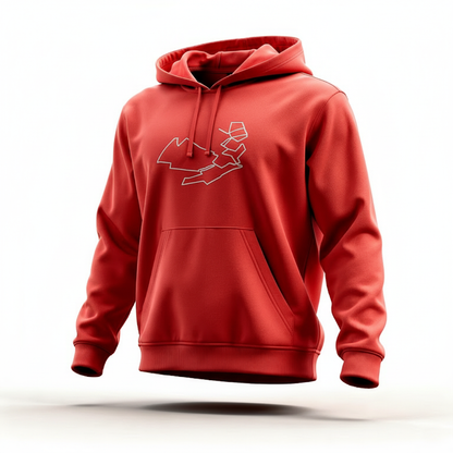 Red hoodie with a custom Strava route print art design on a white background