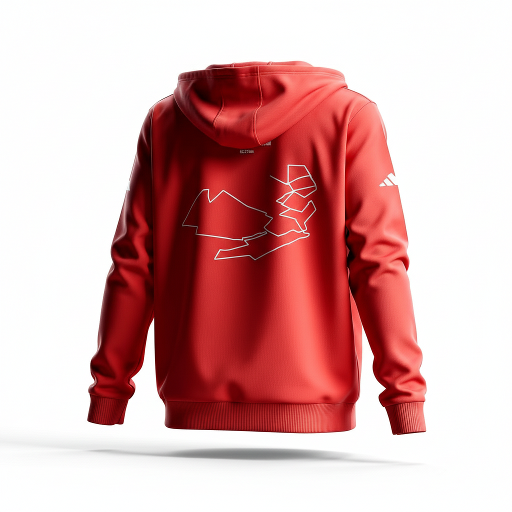 Red hoodie with custom Strava route print art design on the back against a white background