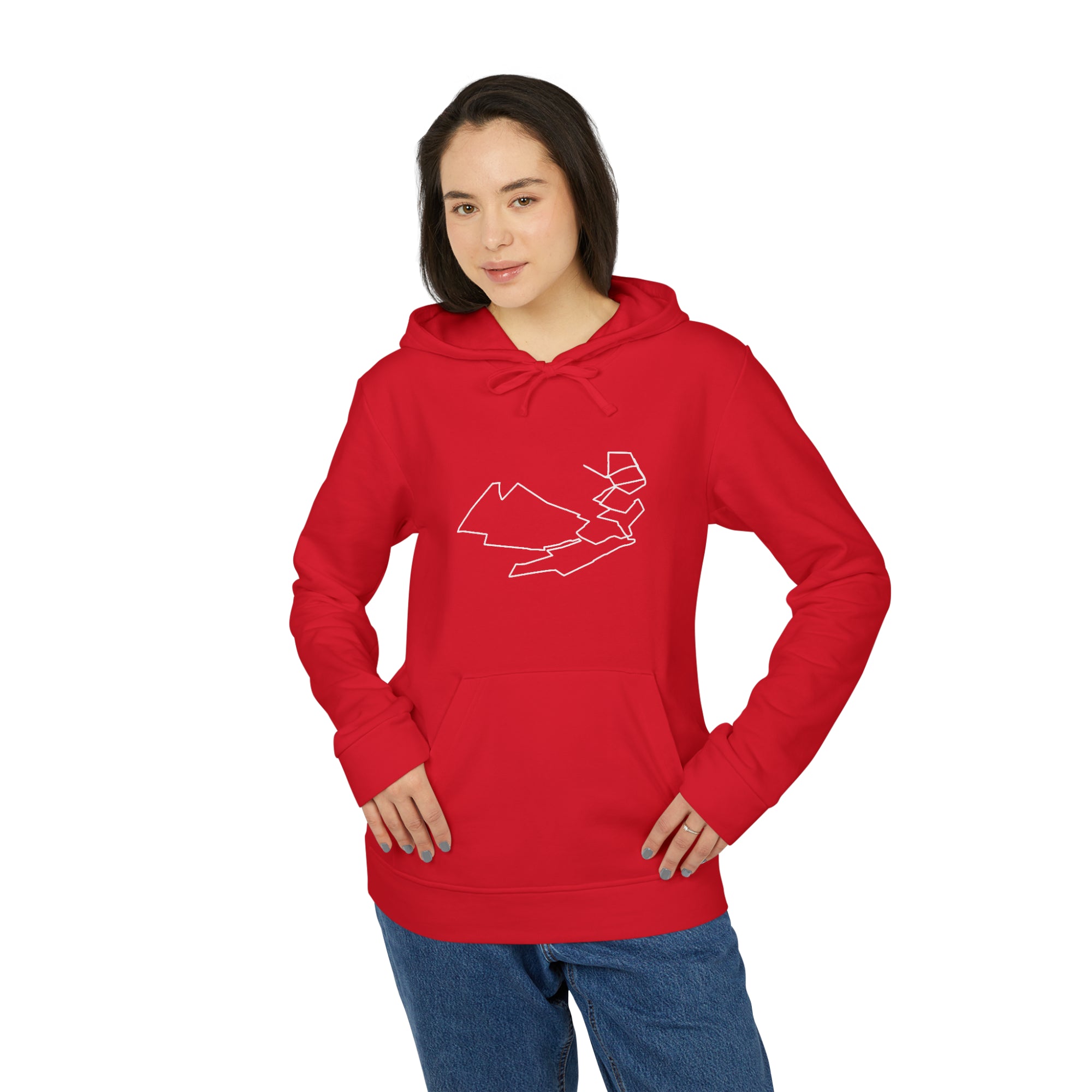 Person wearing a red hoodie with a white custom Strava route print art design on a white background