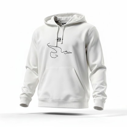 White hoodie with a black custom Strava route print art on a white background