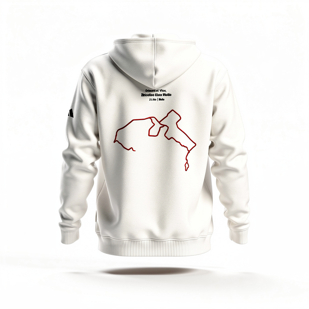 White hoodie with red custom Strava route print art design on the back against a white background