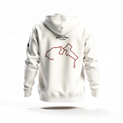 White hoodie with red custom Strava route print art design on the back against a white background
