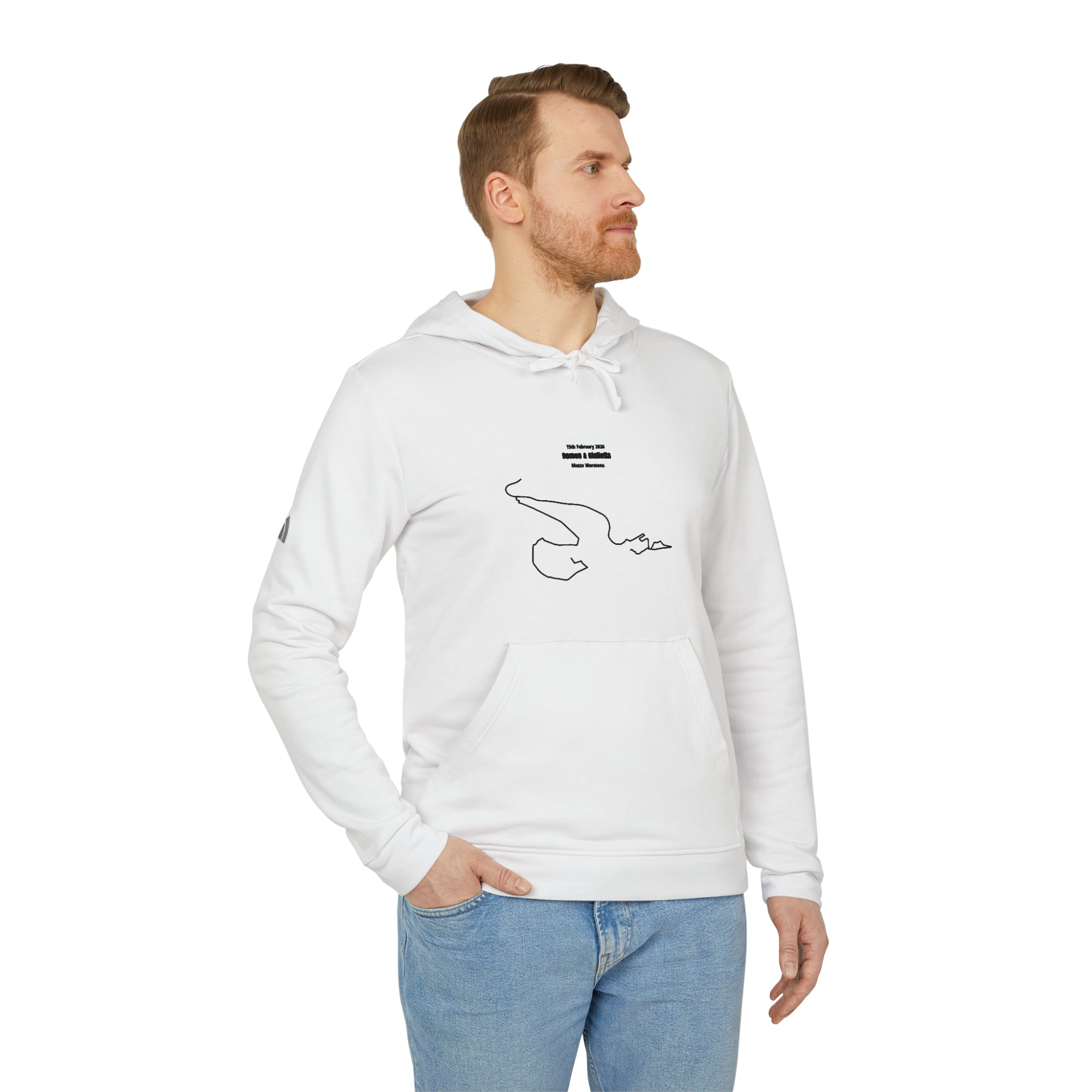 Man wearing a white hoodie with custom Strava route print art on a white background