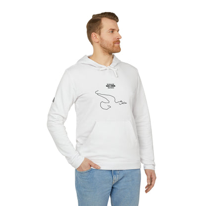 Man wearing a white hoodie with custom Strava route print art on a white background