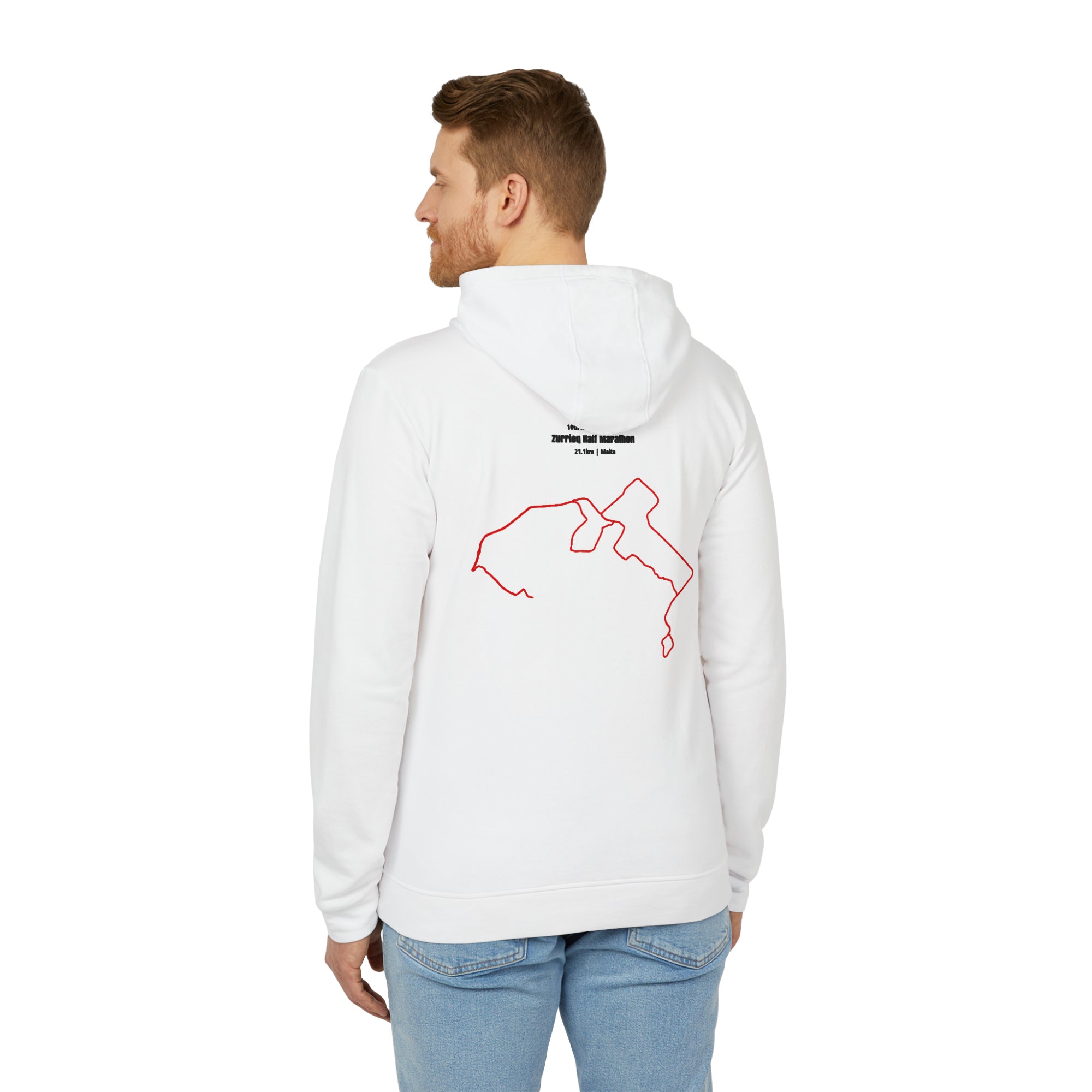 Person wearing a white hoodie with a red custom Strava route print art on the back, standing against a white background