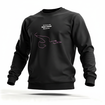 Black sweatshirt with pink custom Strava route print art design on a white background