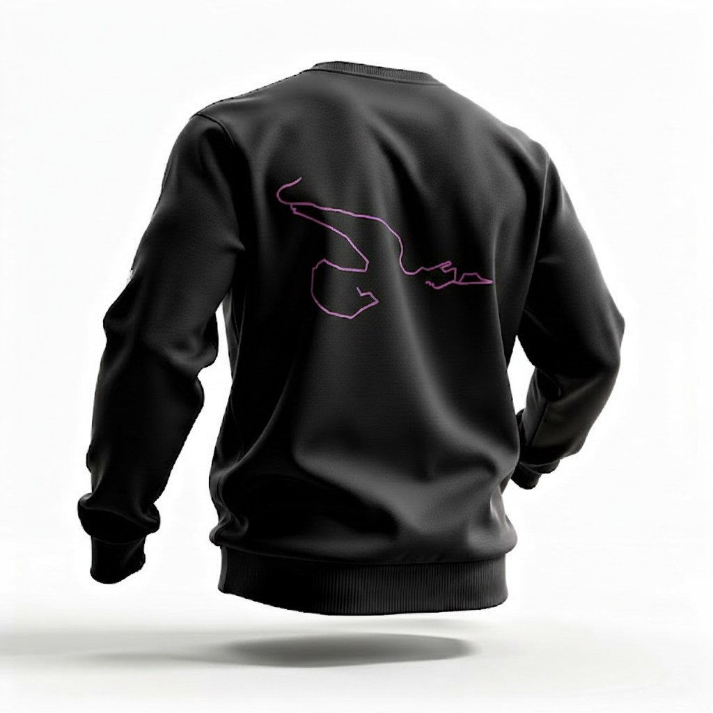 Black sweatshirt with pink custom Strava route print art on the back against a white background