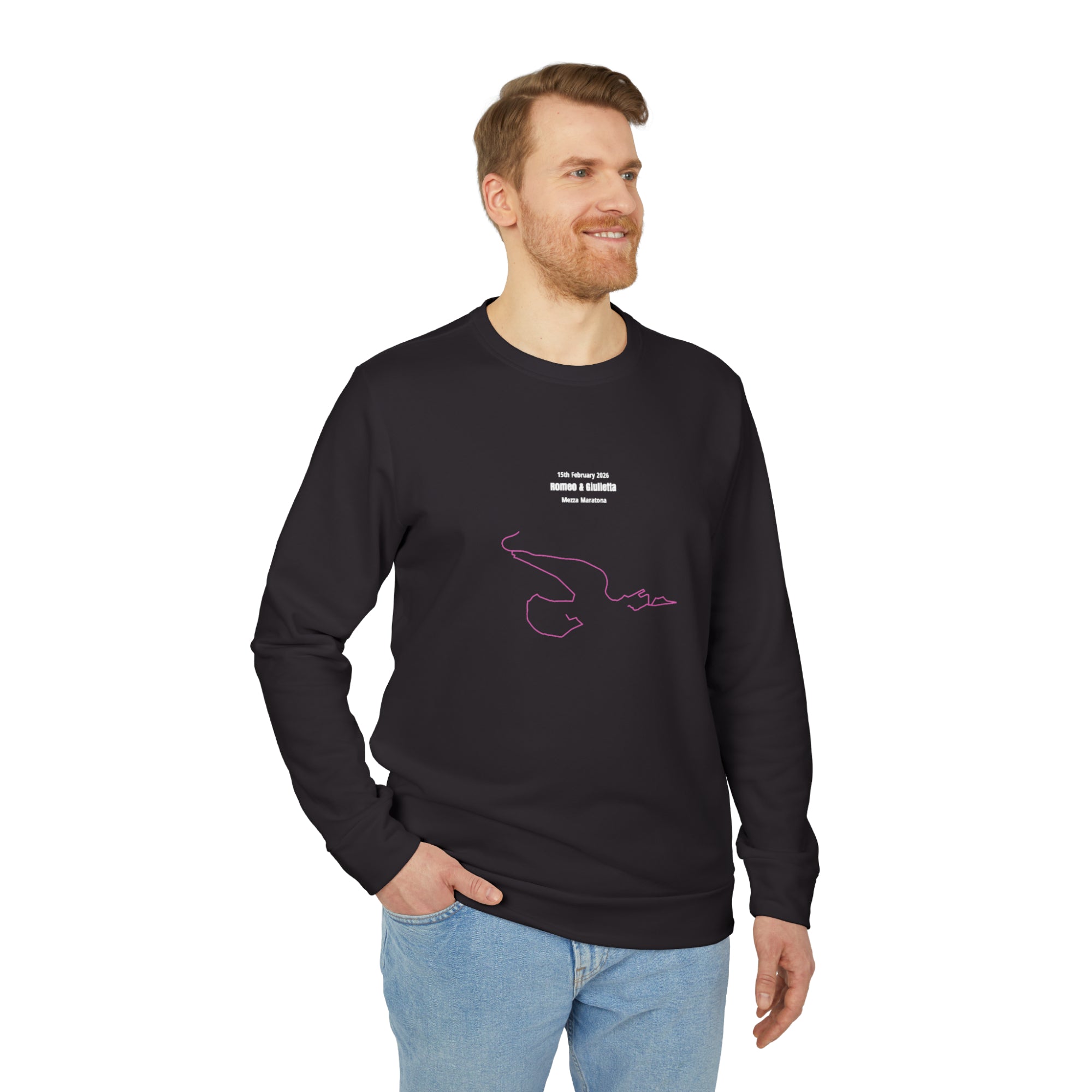 Man wearing a black sweatshirt with custom Strava route print art design on a white background