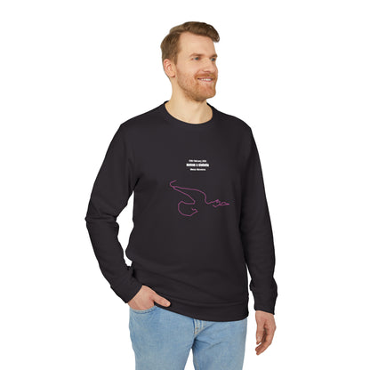 Man wearing a black sweatshirt with custom Strava route print art design on a white background