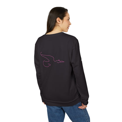 Person wearing a black sweatshirt with a pink custom Strava route print art design on the back, standing against a white background