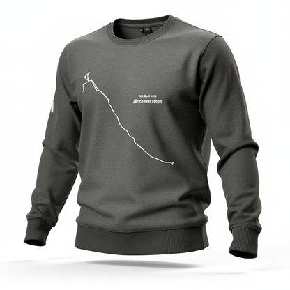 Gray sweatshirt with a white custom Strava route print art design on a white background