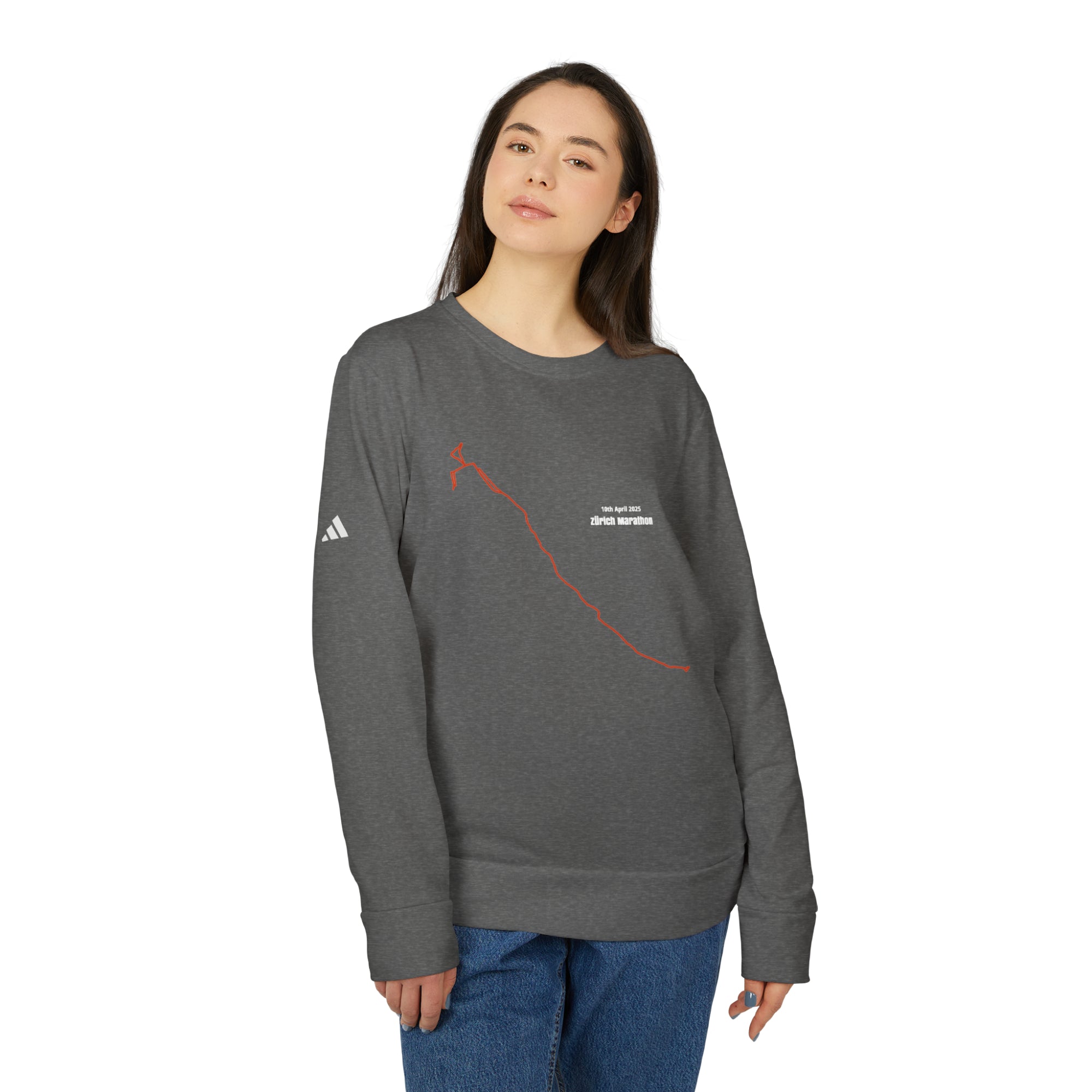 Person wearing a gray sweatshirt with a custom Strava route print art on a white background