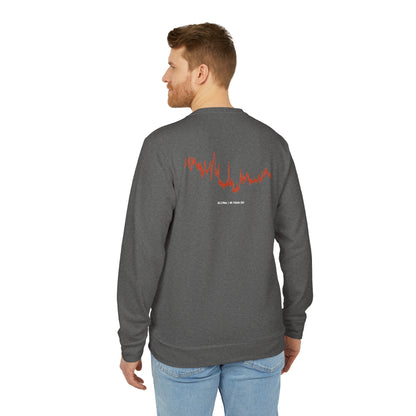 Man wearing a gray sweatshirt with a red custom Strava route print art design on the back, standing against a white background