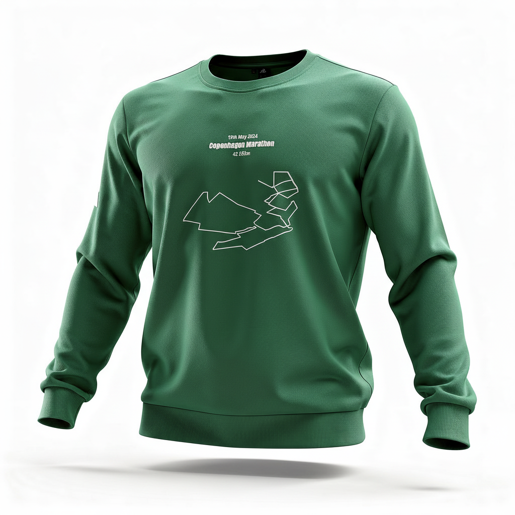Green sweatshirt with white custom Strava route print art design on a white background