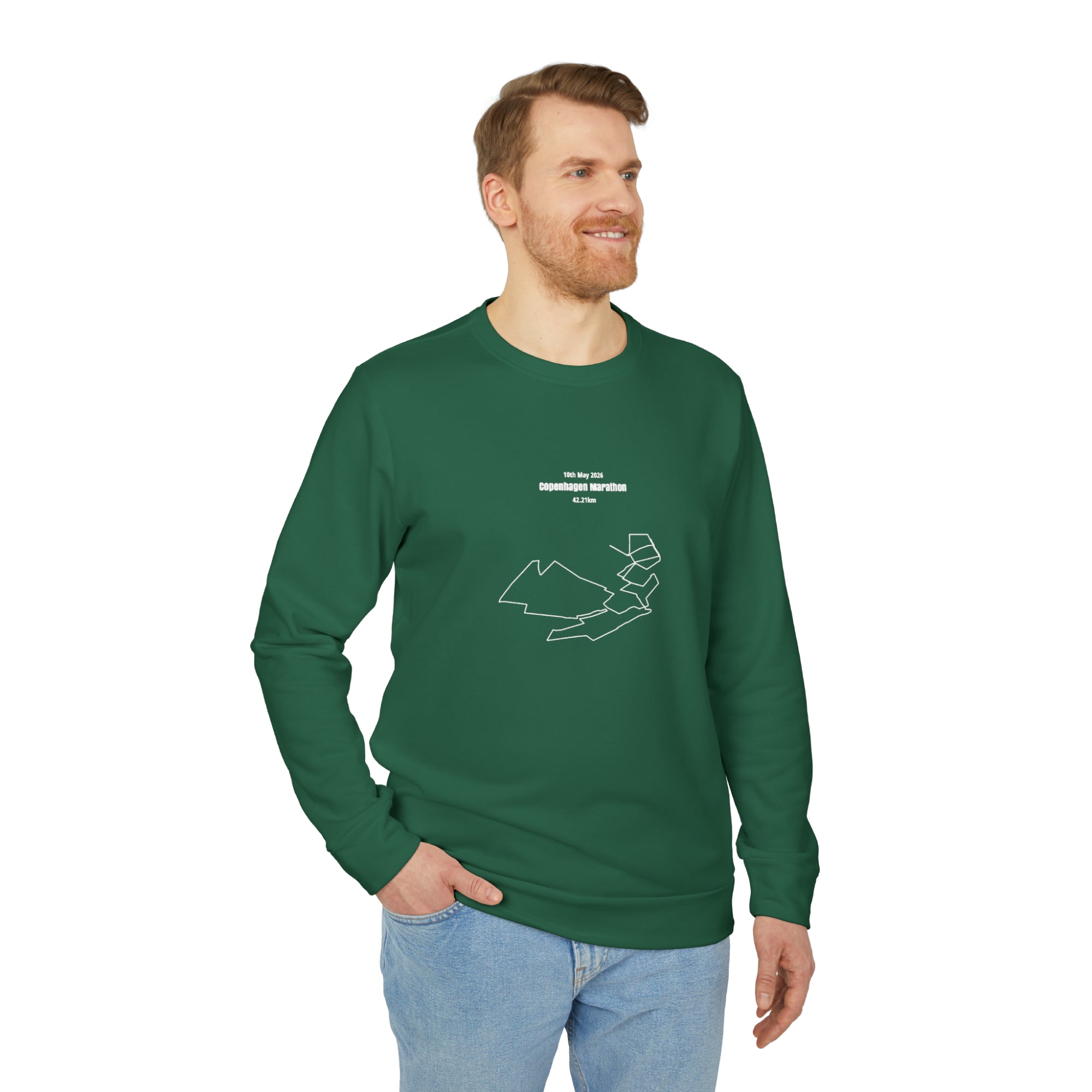 Man wearing a green long-sleeve shirt with a custom Strava route print art design on a white background