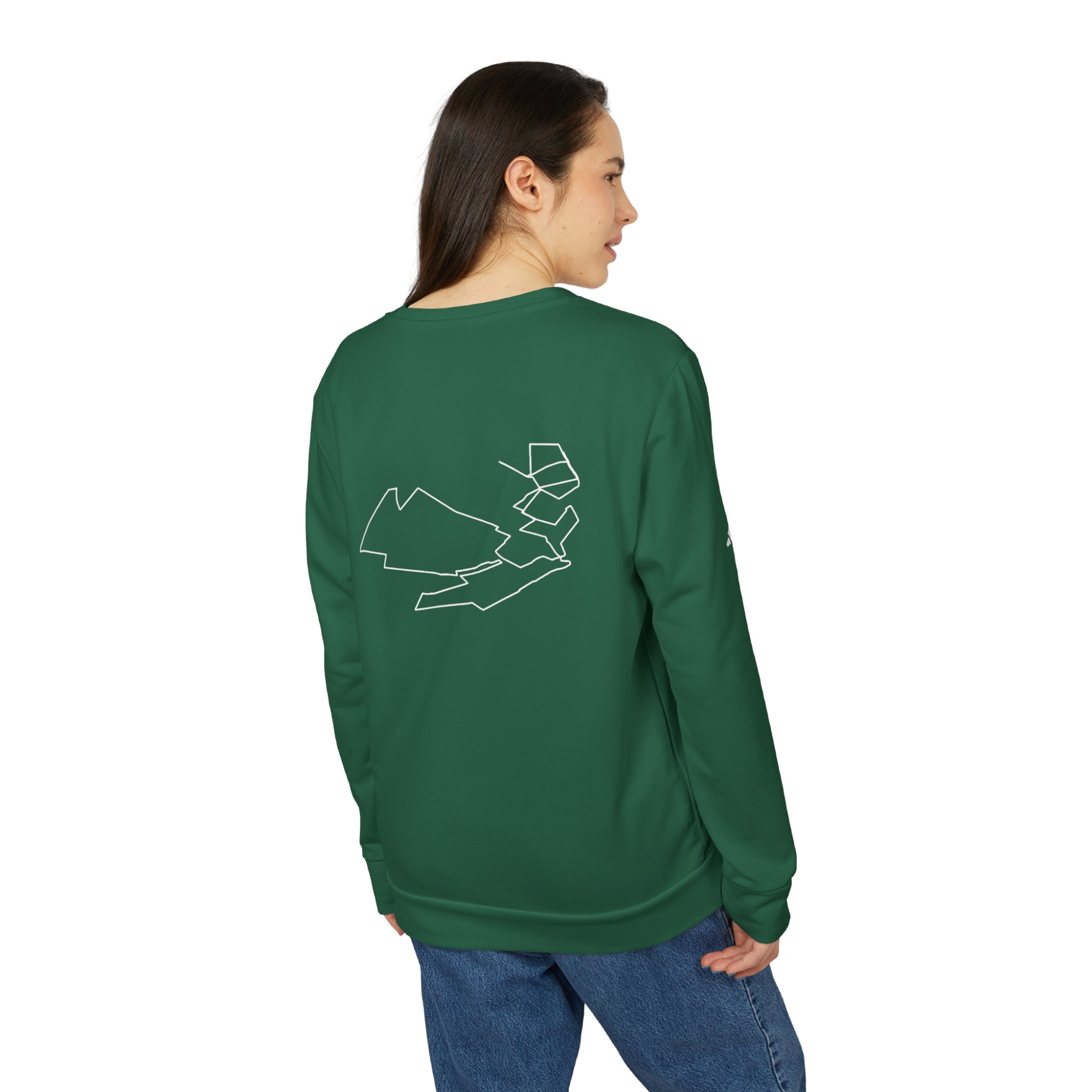Person wearing a green long-sleeve shirt with a custom Strava route print art design on the back, standing against a white background