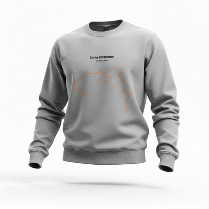 Gray sweatshirt with a custom Strava route print art design and text on a white background