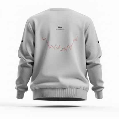 Gray sweatshirt with a red custom Strava route print art design on the back against a white background