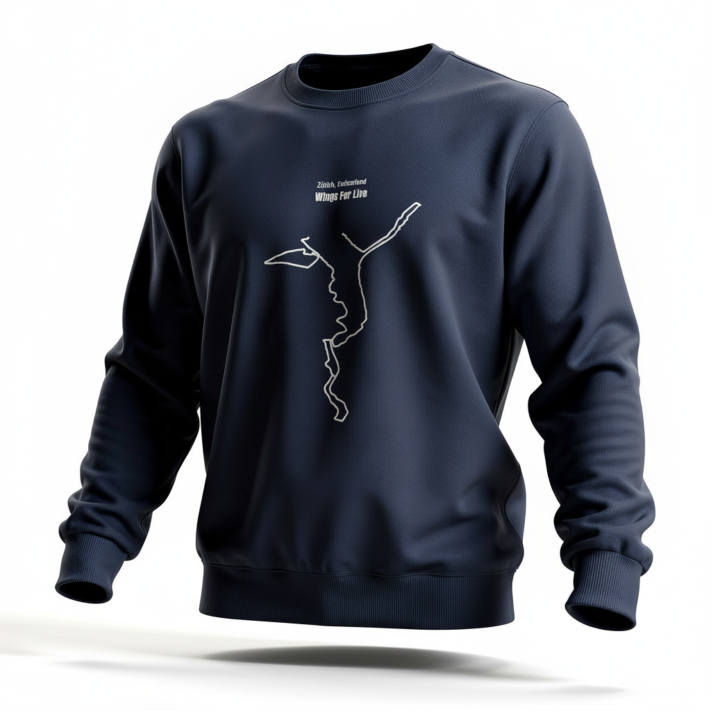 Navy blue sweatshirt with a white custom Strava route print art design on a white background