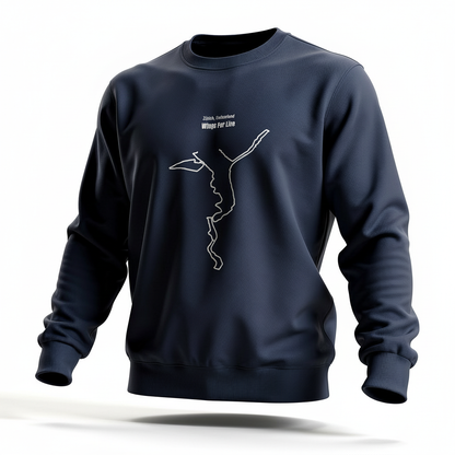 Navy blue sweatshirt with a white custom Strava route print art design on a white background