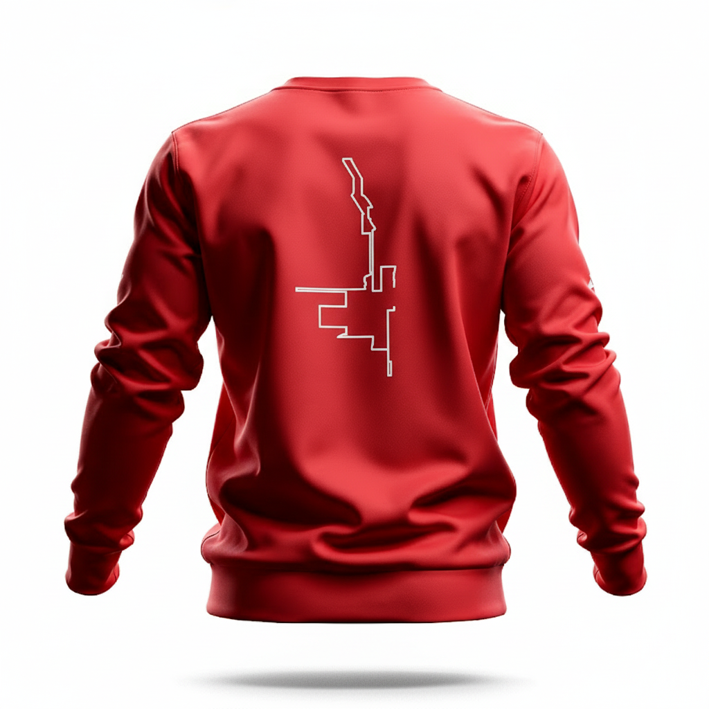 Red sweatshirt with a white custom Strava route print art design on the back against a white background