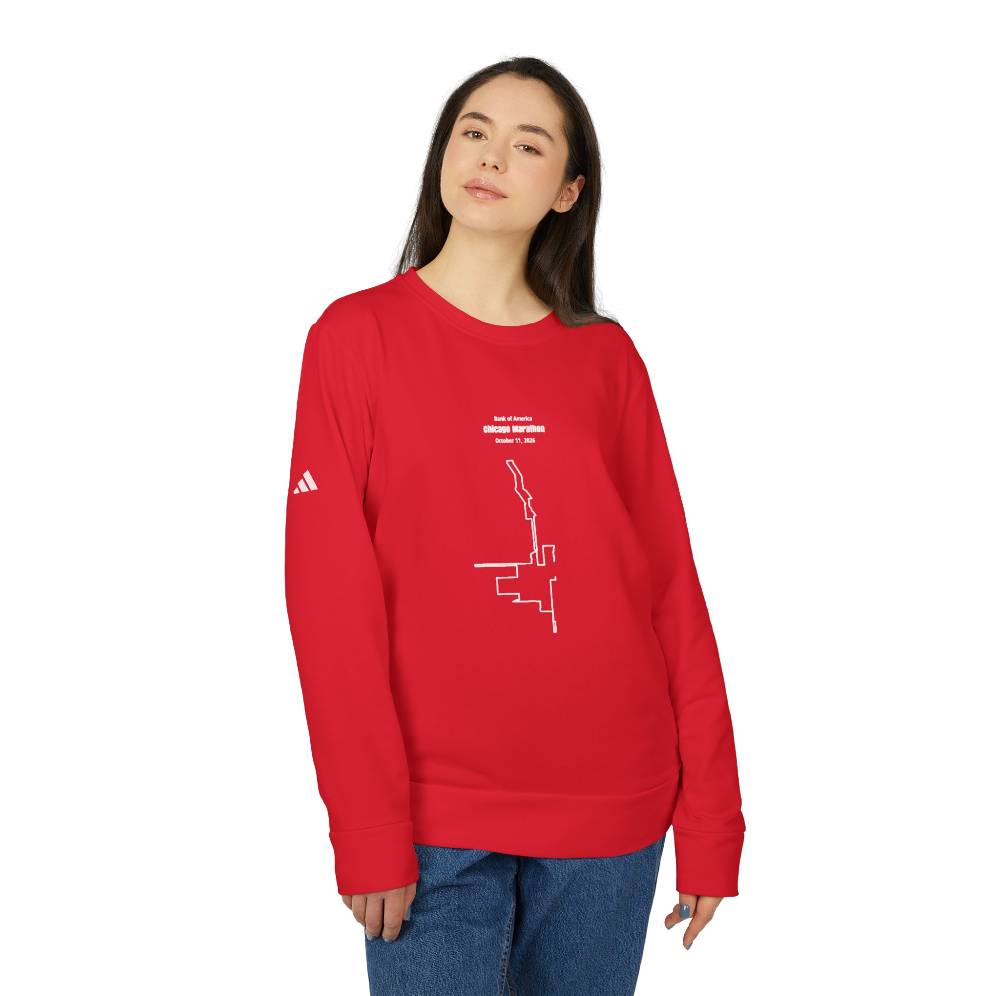 Person wearing a red long-sleeve shirt with a white custom Strava route print art design on a white background