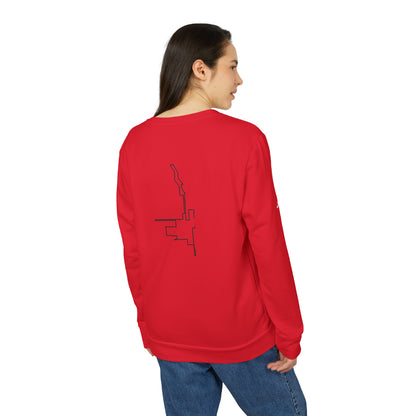 Person wearing a red sweatshirt with a custom Strava route print art design on the back, standing against a white background