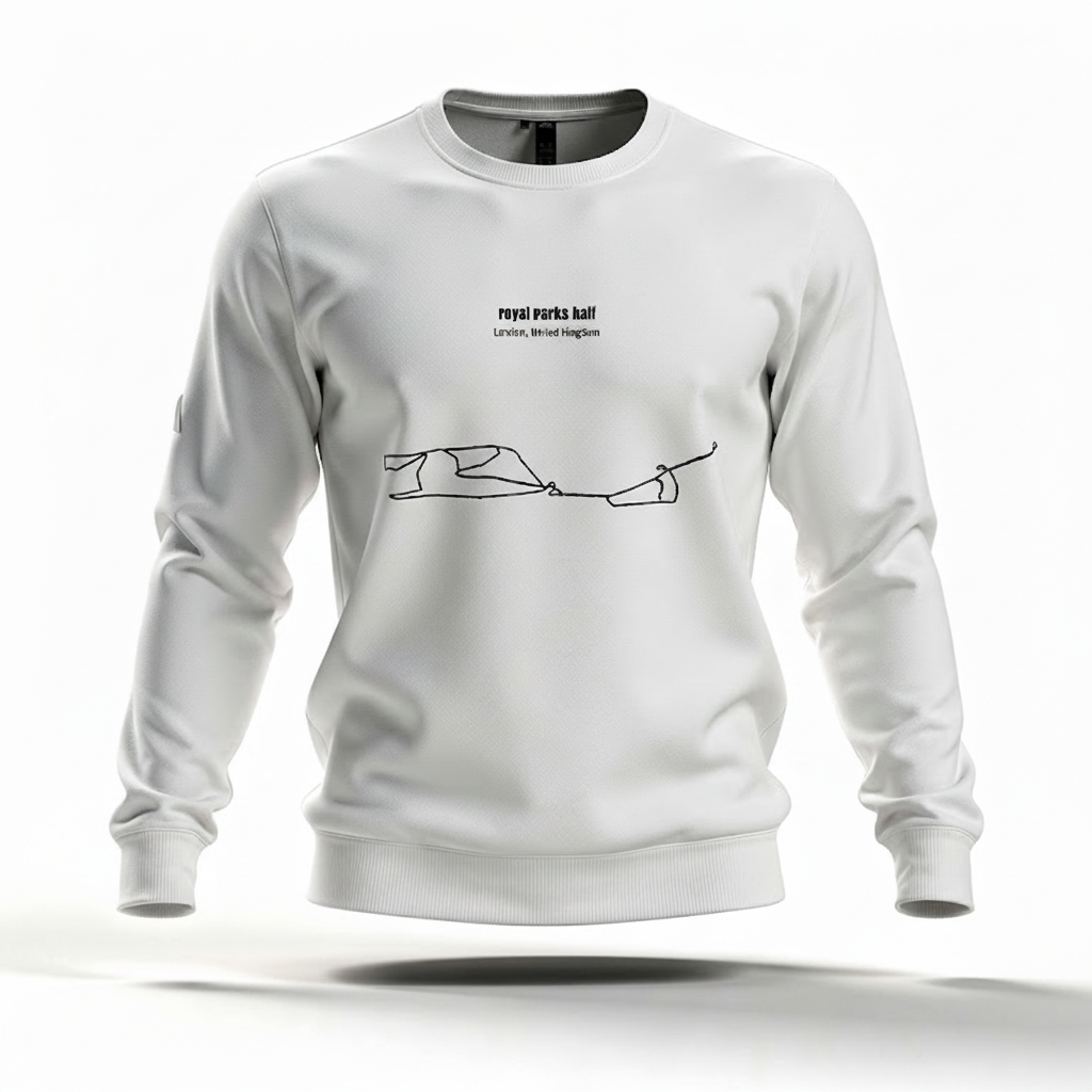 White sweatshirt with a custom Strava route print art design and text on a white background#color_white