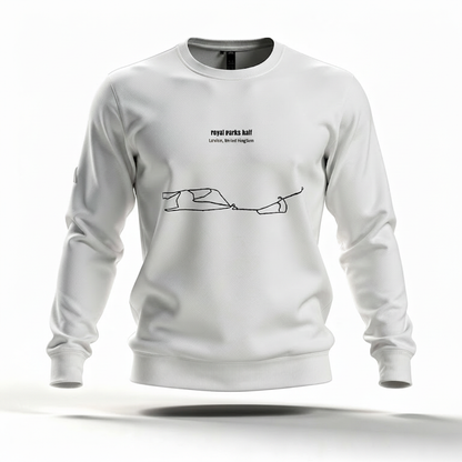 White sweatshirt with a custom Strava route print art design and text on a white background