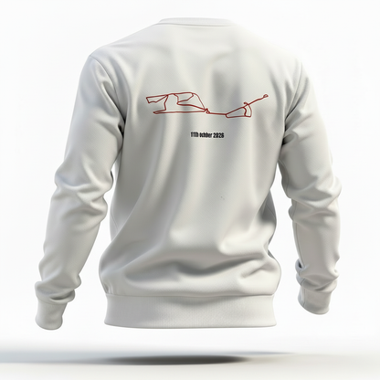 White sweatshirt with a red and black custom Strava route print art design on the back against a white background