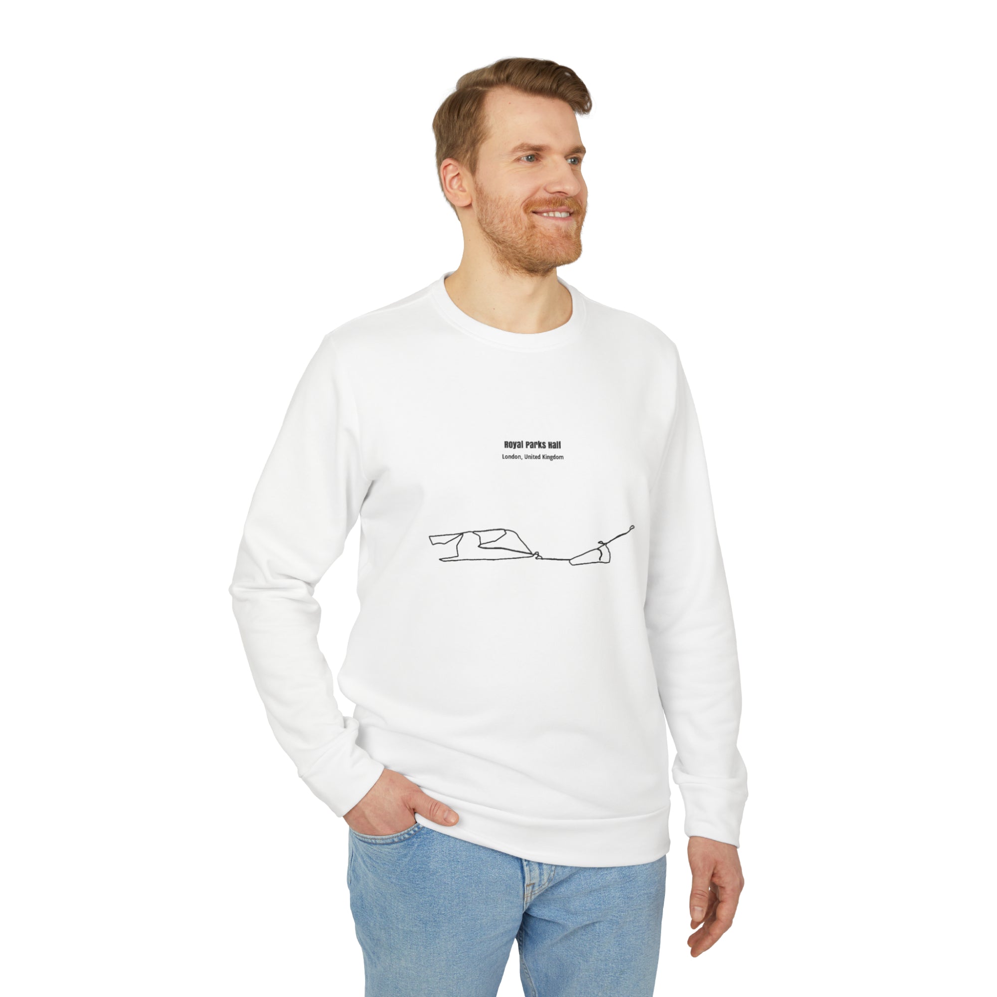 Man wearing a white long-sleeve shirt with a custom Strava route print art design on a white background