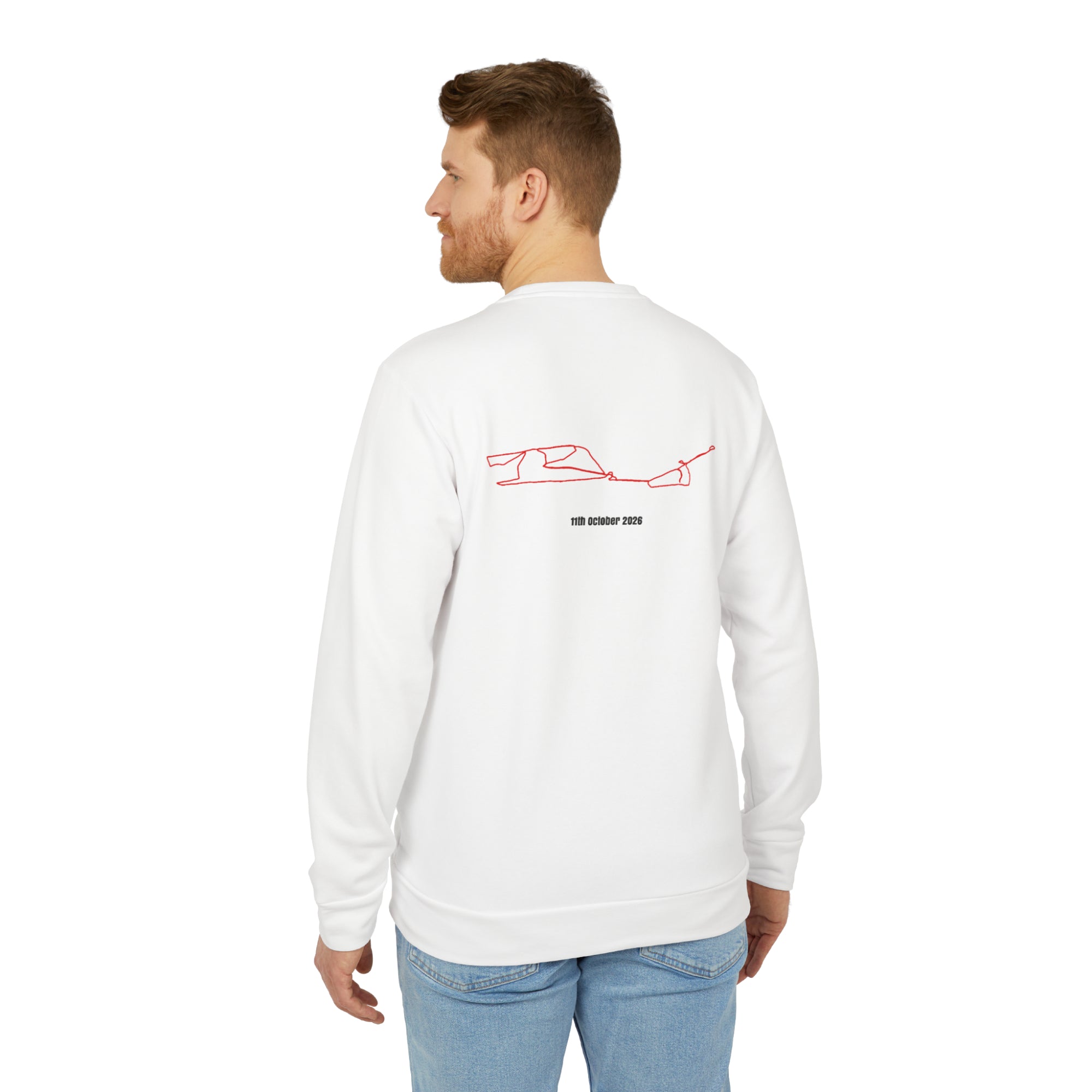 Man wearing a white sweatshirt with a red custom Strava route print art on the back, standing against a white background