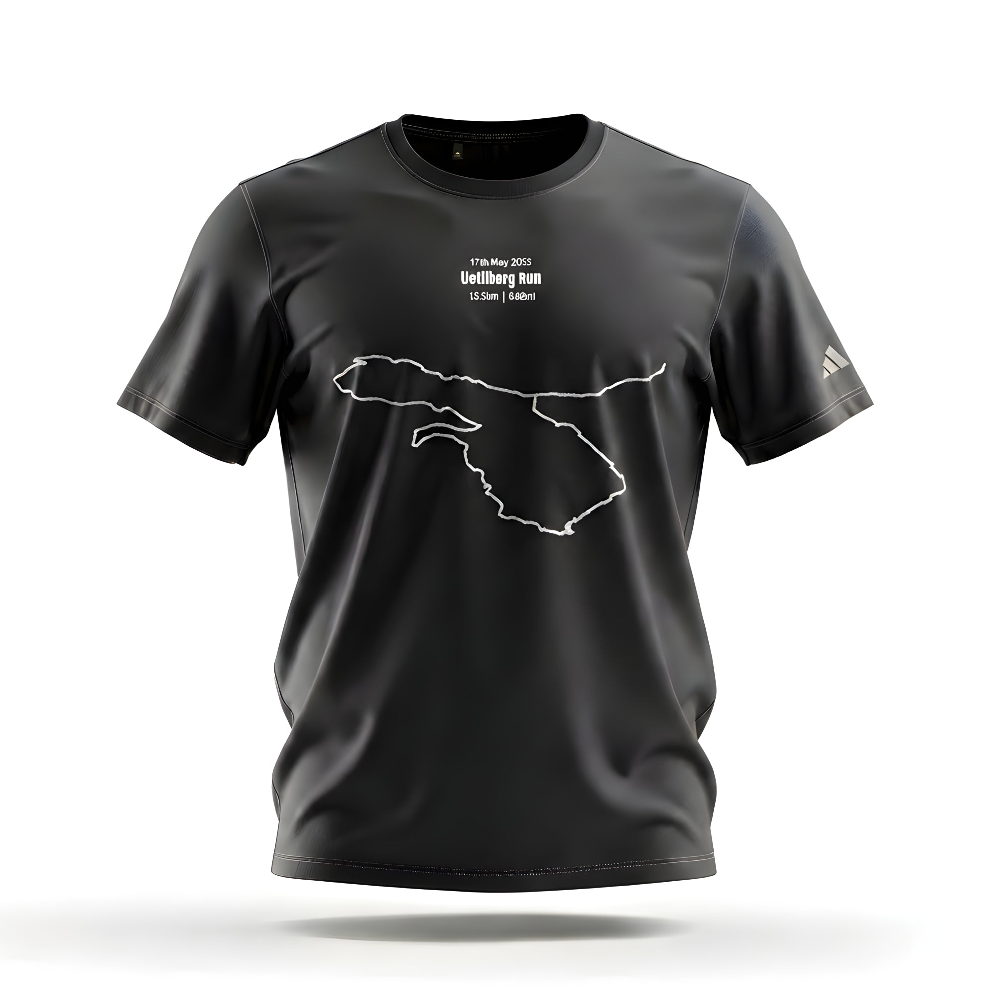 Black t-shirt with a white custom Strava route print art design on a white background#color_black