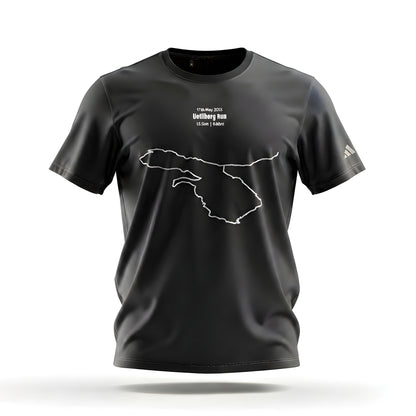 Black t-shirt with a white custom Strava route print art design on a white background